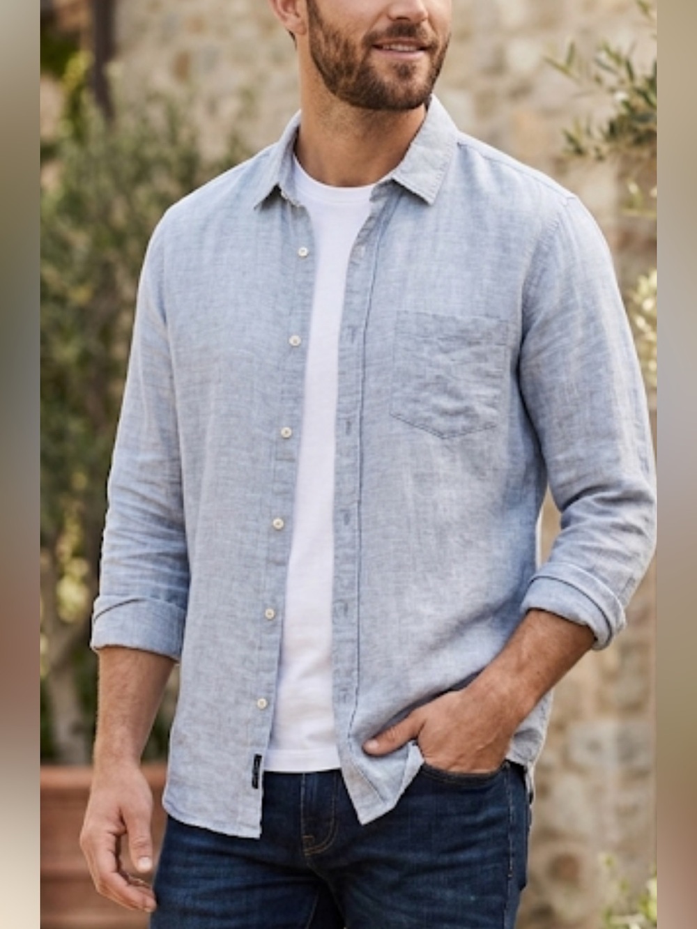 LEFTIES MAN Light Blue Linen Blend Button-Down Shirt Large Minimalist Casual